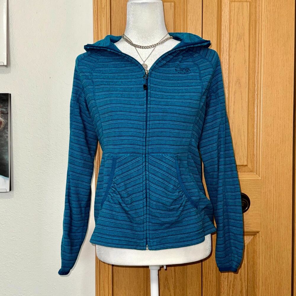 The North Face Hoodie Jacket Womens Medium Blue Striped Full Zip Long Sleeve Y2K